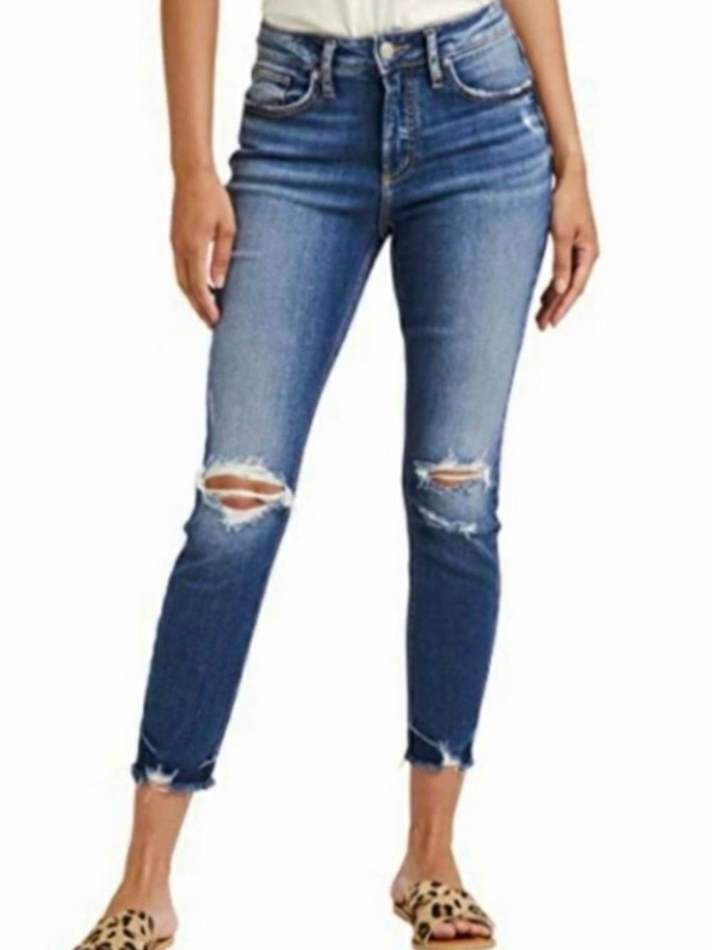 Silver Jeans Elyse Medium Blue High-Rise Ripped Ankle Jeans